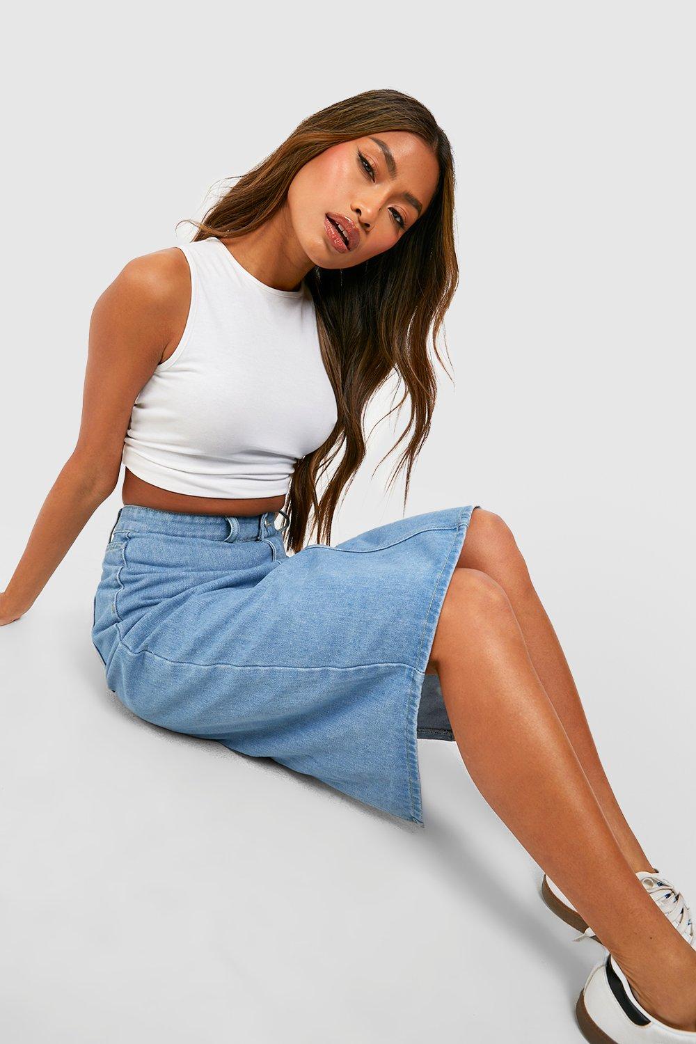 High Waisted Stretch Denim Midi Skirt | boohoo USA